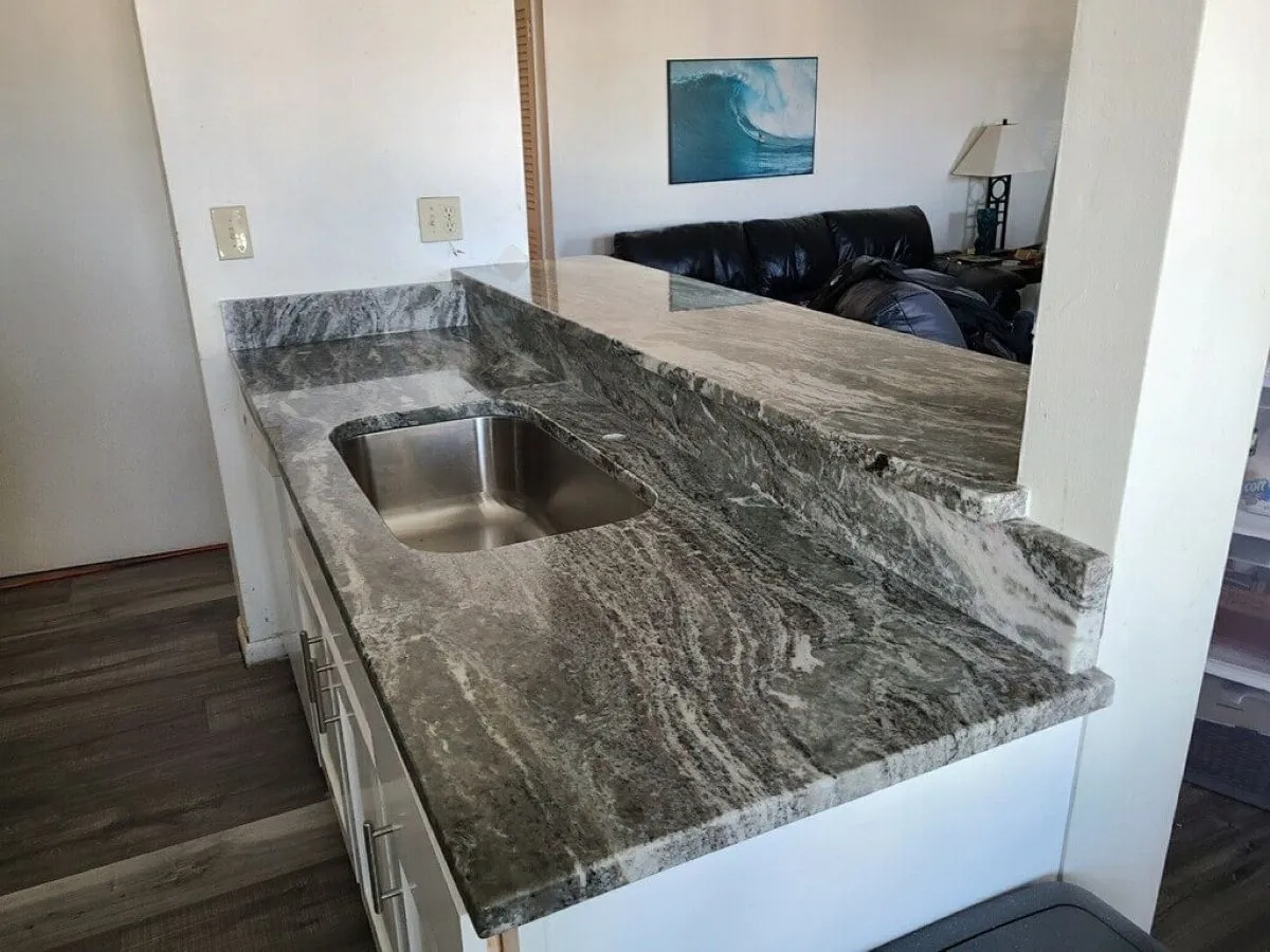 Quartz and granite countertop installation during Virginia Beach kitchen renovation